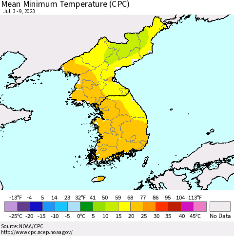 Korea Mean Minimum Temperature (CPC) Thematic Map For 7/3/2023 - 7/9/2023