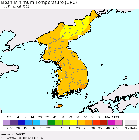 Korea Mean Minimum Temperature (CPC) Thematic Map For 7/31/2023 - 8/6/2023