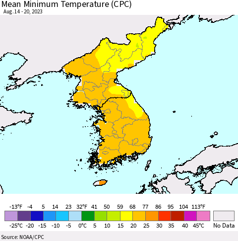 Korea Mean Minimum Temperature (CPC) Thematic Map For 8/14/2023 - 8/20/2023
