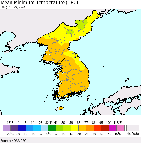 Korea Mean Minimum Temperature (CPC) Thematic Map For 8/21/2023 - 8/27/2023