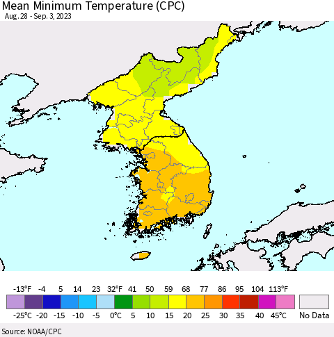 Korea Mean Minimum Temperature (CPC) Thematic Map For 8/28/2023 - 9/3/2023