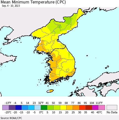 Korea Mean Minimum Temperature (CPC) Thematic Map For 9/4/2023 - 9/10/2023