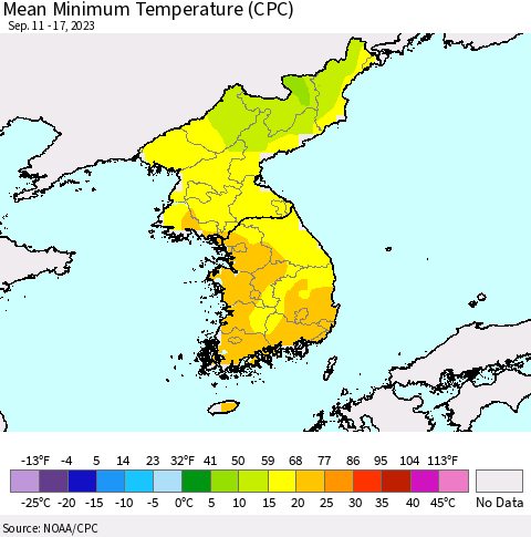 Korea Mean Minimum Temperature (CPC) Thematic Map For 9/11/2023 - 9/17/2023