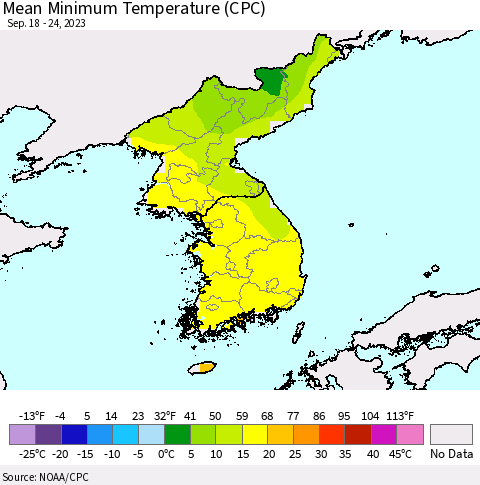 Korea Mean Minimum Temperature (CPC) Thematic Map For 9/18/2023 - 9/24/2023