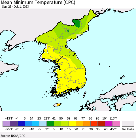 Korea Mean Minimum Temperature (CPC) Thematic Map For 9/25/2023 - 10/1/2023
