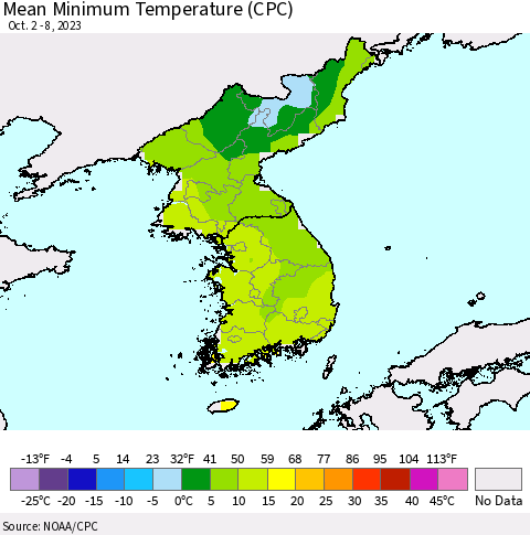 Korea Mean Minimum Temperature (CPC) Thematic Map For 10/2/2023 - 10/8/2023
