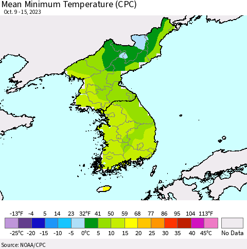 Korea Mean Minimum Temperature (CPC) Thematic Map For 10/9/2023 - 10/15/2023