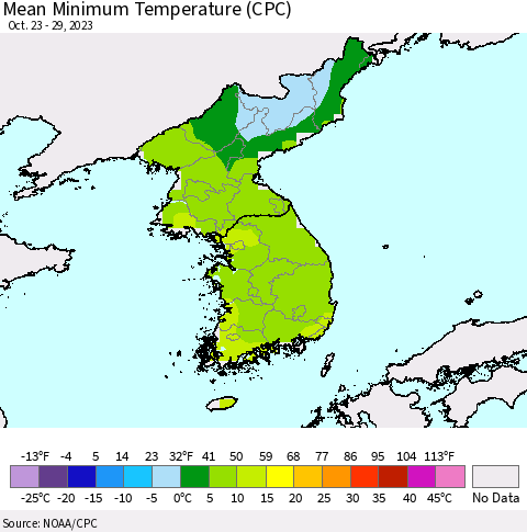 Korea Mean Minimum Temperature (CPC) Thematic Map For 10/23/2023 - 10/29/2023