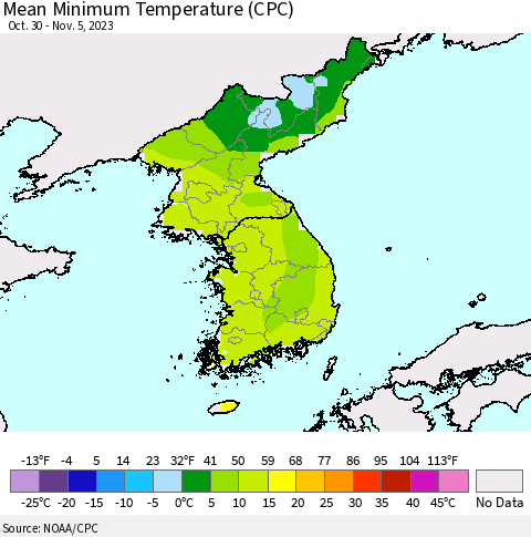 Korea Mean Minimum Temperature (CPC) Thematic Map For 10/30/2023 - 11/5/2023