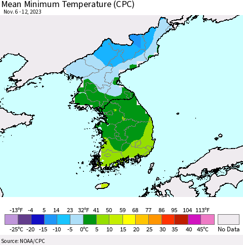 Korea Mean Minimum Temperature (CPC) Thematic Map For 11/6/2023 - 11/12/2023