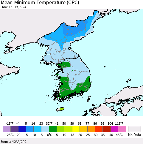 Korea Mean Minimum Temperature (CPC) Thematic Map For 11/13/2023 - 11/19/2023