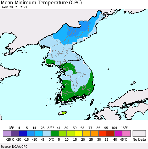 Korea Mean Minimum Temperature (CPC) Thematic Map For 11/20/2023 - 11/26/2023