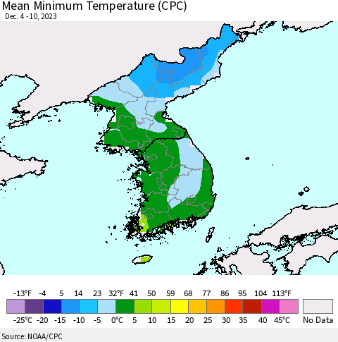 Korea Mean Minimum Temperature (CPC) Thematic Map For 12/4/2023 - 12/10/2023
