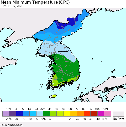 Korea Mean Minimum Temperature (CPC) Thematic Map For 12/11/2023 - 12/17/2023