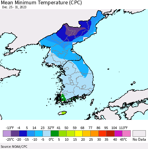 Korea Mean Minimum Temperature (CPC) Thematic Map For 12/25/2023 - 12/31/2023