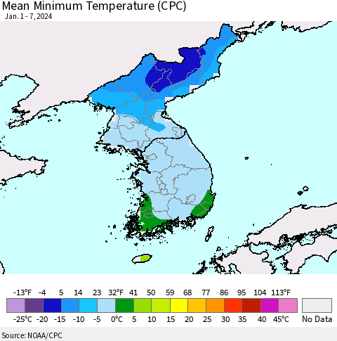 Korea Mean Minimum Temperature (CPC) Thematic Map For 1/1/2024 - 1/7/2024