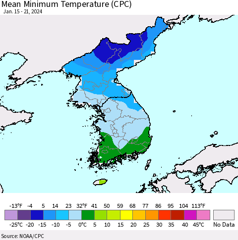 Korea Mean Minimum Temperature (CPC) Thematic Map For 1/15/2024 - 1/21/2024