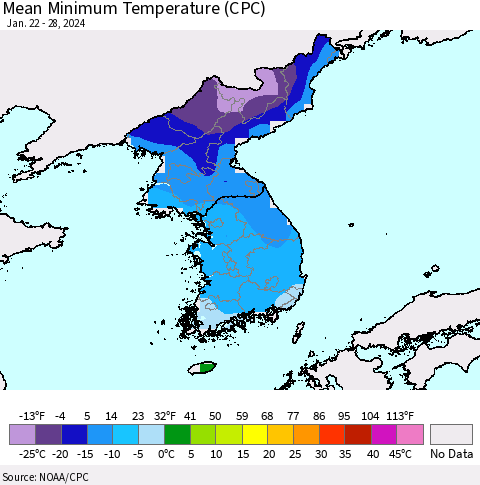 Korea Mean Minimum Temperature (CPC) Thematic Map For 1/22/2024 - 1/28/2024
