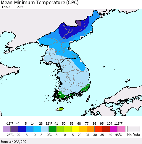 Korea Mean Minimum Temperature (CPC) Thematic Map For 2/5/2024 - 2/11/2024
