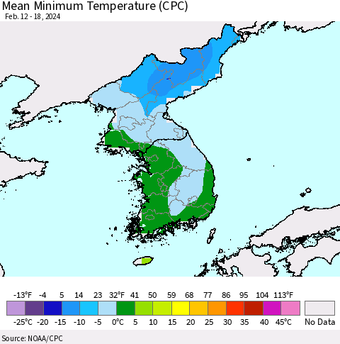 Korea Mean Minimum Temperature (CPC) Thematic Map For 2/12/2024 - 2/18/2024