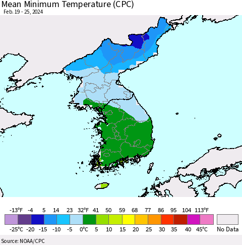 Korea Mean Minimum Temperature (CPC) Thematic Map For 2/19/2024 - 2/25/2024