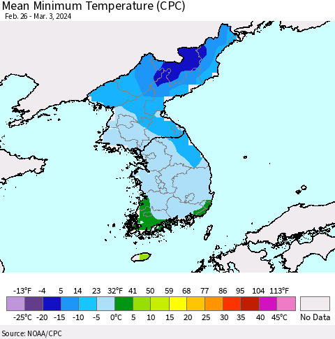 Korea Mean Minimum Temperature (CPC) Thematic Map For 2/26/2024 - 3/3/2024