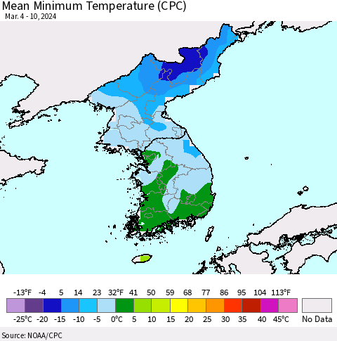 Korea Mean Minimum Temperature (CPC) Thematic Map For 3/4/2024 - 3/10/2024