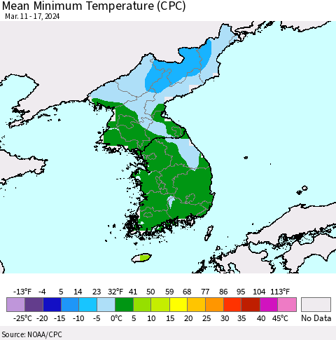Korea Mean Minimum Temperature (CPC) Thematic Map For 3/11/2024 - 3/17/2024