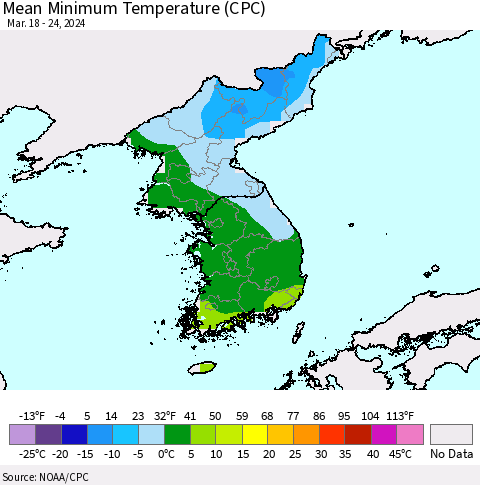 Korea Mean Minimum Temperature (CPC) Thematic Map For 3/18/2024 - 3/24/2024