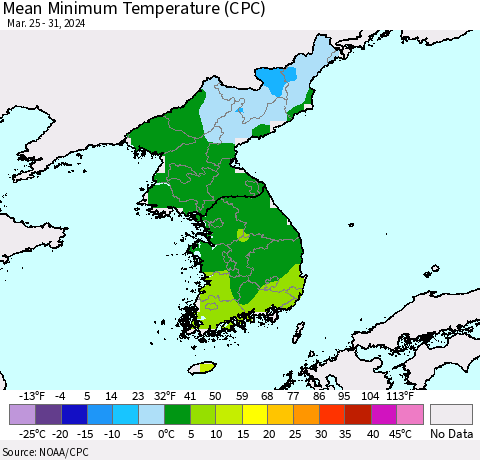 Korea Mean Minimum Temperature (CPC) Thematic Map For 3/25/2024 - 3/31/2024