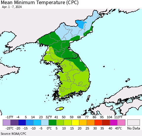 Korea Mean Minimum Temperature (CPC) Thematic Map For 4/1/2024 - 4/7/2024