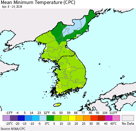 Korea Mean Minimum Temperature (CPC) Thematic Map For 4/8/2024 - 4/14/2024
