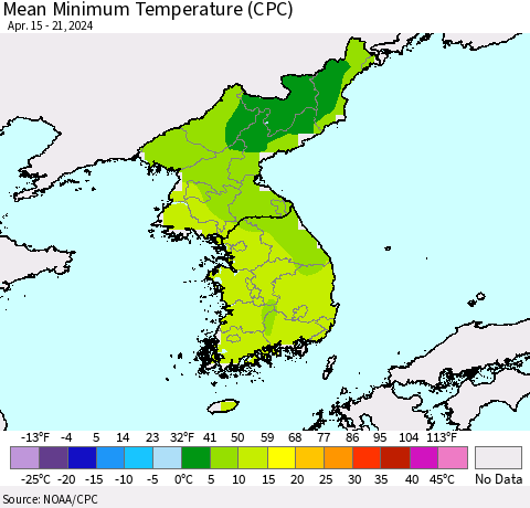 Korea Mean Minimum Temperature (CPC) Thematic Map For 4/15/2024 - 4/21/2024