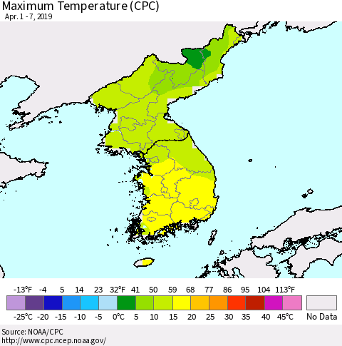 Korea Mean Maximum Temperature (CPC) Thematic Map For 4/1/2019 - 4/7/2019
