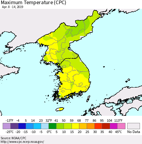 Korea Mean Maximum Temperature (CPC) Thematic Map For 4/8/2019 - 4/14/2019
