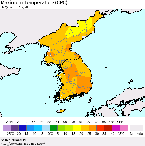 Korea Mean Maximum Temperature (CPC) Thematic Map For 5/27/2019 - 6/2/2019