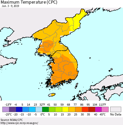 Korea Mean Maximum Temperature (CPC) Thematic Map For 6/3/2019 - 6/9/2019
