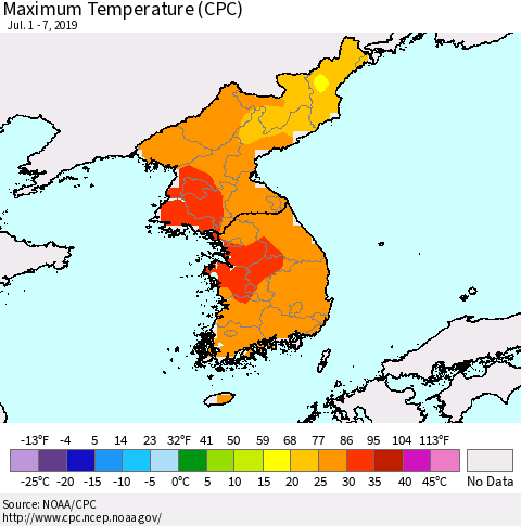 Korea Mean Maximum Temperature (CPC) Thematic Map For 7/1/2019 - 7/7/2019