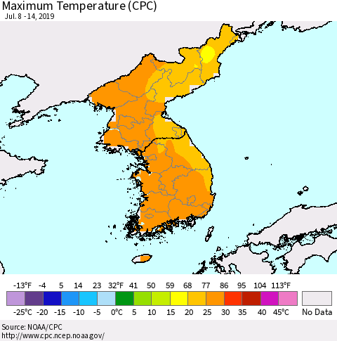 Korea Mean Maximum Temperature (CPC) Thematic Map For 7/8/2019 - 7/14/2019