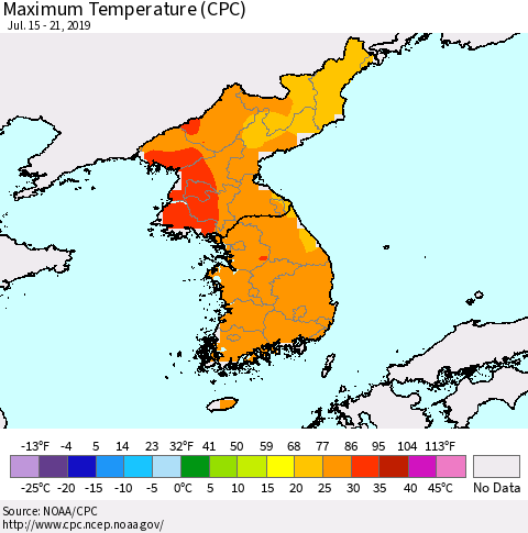 Korea Mean Maximum Temperature (CPC) Thematic Map For 7/15/2019 - 7/21/2019