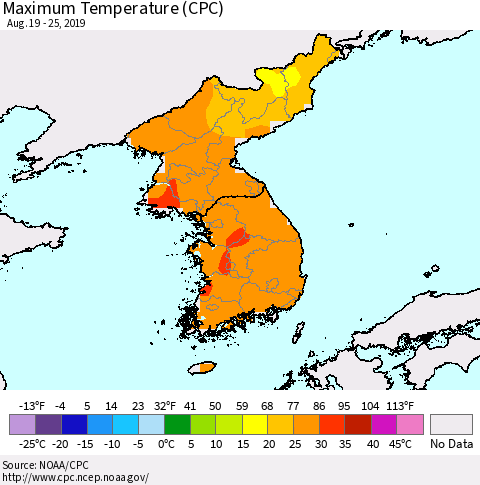 Korea Mean Maximum Temperature (CPC) Thematic Map For 8/19/2019 - 8/25/2019