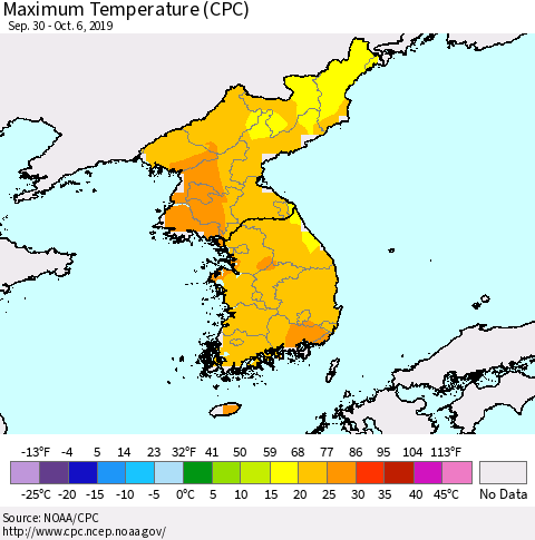 Korea Mean Maximum Temperature (CPC) Thematic Map For 9/30/2019 - 10/6/2019
