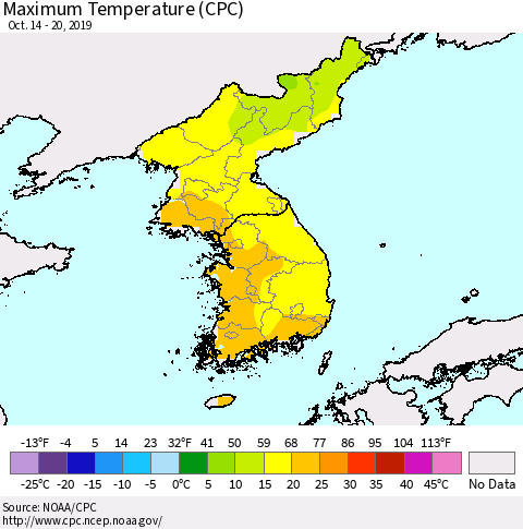 Korea Mean Maximum Temperature (CPC) Thematic Map For 10/14/2019 - 10/20/2019