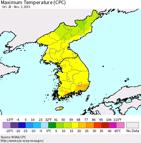 Korea Mean Maximum Temperature (CPC) Thematic Map For 10/28/2019 - 11/3/2019