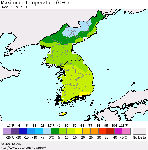 Korea Mean Maximum Temperature (CPC) Thematic Map For 11/18/2019 - 11/24/2019