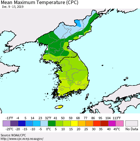 Korea Mean Maximum Temperature (CPC) Thematic Map For 12/9/2019 - 12/15/2019