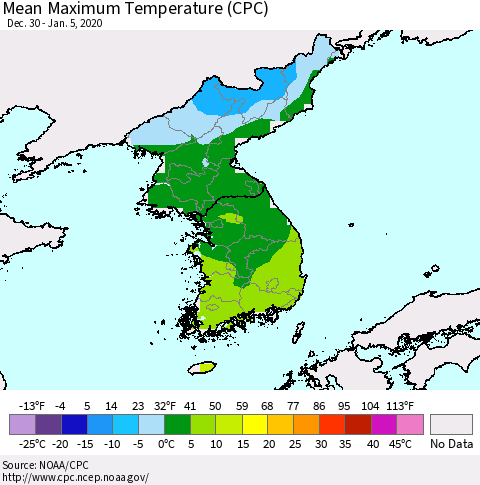 Korea Mean Maximum Temperature (CPC) Thematic Map For 12/30/2019 - 1/5/2020
