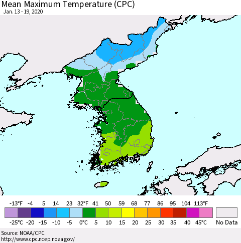 Korea Mean Maximum Temperature (CPC) Thematic Map For 1/13/2020 - 1/19/2020