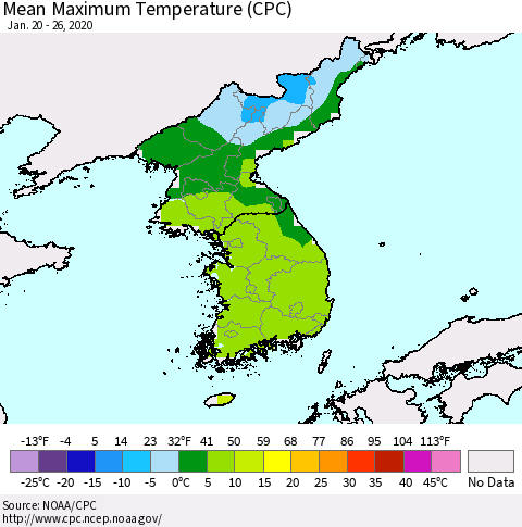 Korea Mean Maximum Temperature (CPC) Thematic Map For 1/20/2020 - 1/26/2020