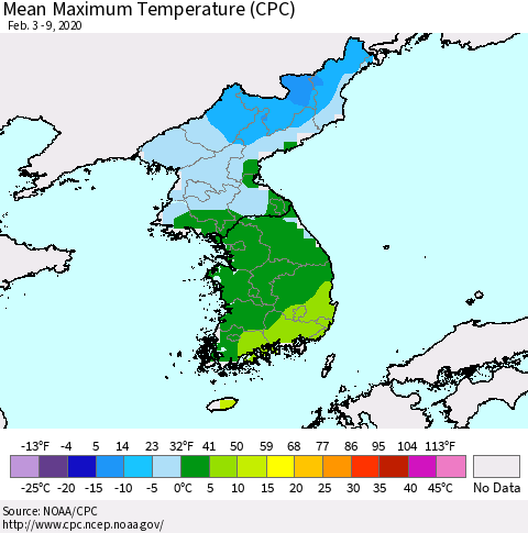 Korea Mean Maximum Temperature (CPC) Thematic Map For 2/3/2020 - 2/9/2020